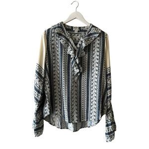 Sundance Blue White Coastal Bohemian Oversized Bell Sleeves Ruffles Floral SZ M